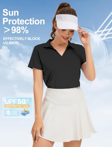 Quick Dry Women's Polo Shirt - Short Sleeve, UPF 50+, Large Black