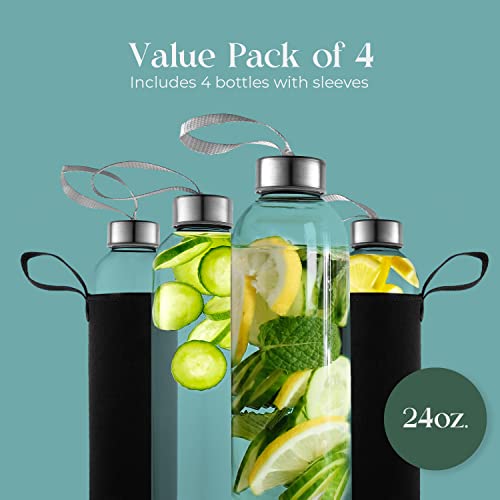 24oz Glass Water Bottles Set of 4 with Nylon Protective Sleeves - Leakproof & Eco-Friendly