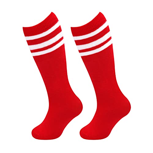 Toddler Soccer Socks - Knee High Striped Socks for Ages 3-6 - Red/White