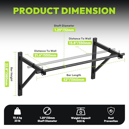 52” Wall Mounted Pull Up Bar - 500 lb Capacity, Adjustable Depth