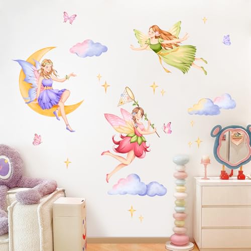 Tanlaby Fairy Wall Decals Elf Moon Clouds Wall Stickers Peel and Stick Art Decor for Girls Bedroom Baby Nursery Kids Toddler Playroom