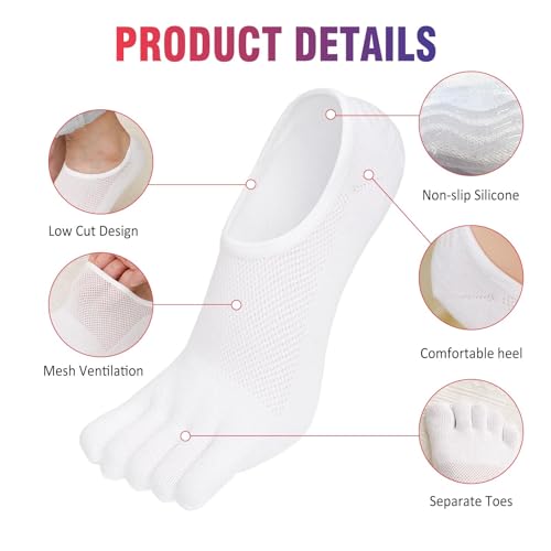 Hellomamma No Show Toe Socks for Men 5-Finger Cotton Low Cut Running Socks 4 Pairs Size 9-15 White