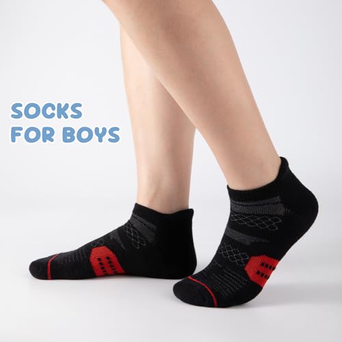 Comfoex Boys Athletic Ankle Socks 6 Pairs Cushioned Sports Socks for Kids 7-10 Years Old - Black