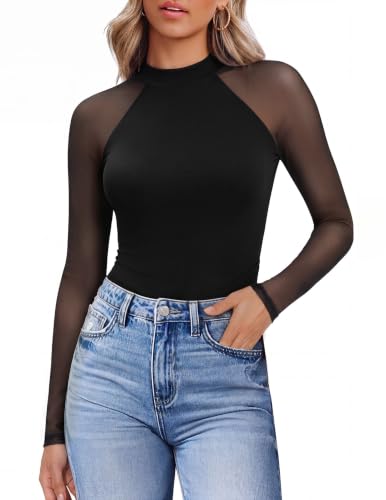 Women's Fitted Sheer Mesh Long Sleeve Lace Turtleneck Shirt - Black, Medium