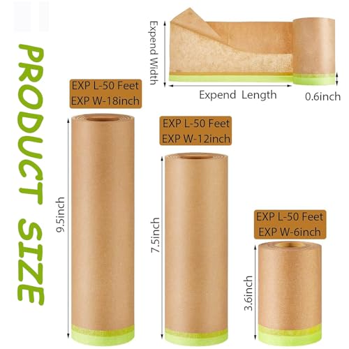 Masking Paper, 3 Size Tape and Drape Painters Paper, Plastic Painting Film, Paint Plastic Covering for Wall Covering Car Auto Body Paint Supplies, 3 Rolls