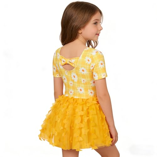 Dance Leotard for Girls with Skirt - Toddler Ballerina Outfit, Yellow Flower, 5T