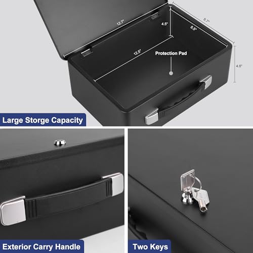 Fireproof Document Box with Key Lock, Fire Resistant Safe Storge Box Security Chest for Valuables, Documents, Passport, Cash, Pistols, Exterior Size 12.7 x 8.7 x 4.6 Inch