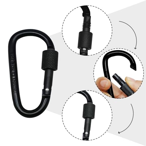 3-Inch D-Shape Locking Carabiner Clips - Black - 6 Pack