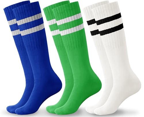 Boys Athletic Soccer Socks - Striped Knee High Sports Tube Socks, 3 Pairs