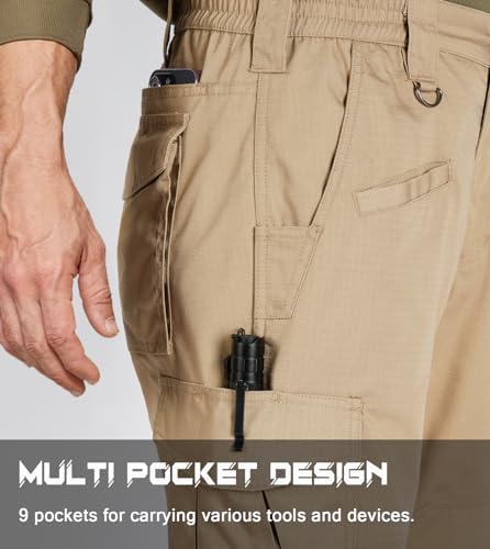 Mens Tactical Cargo Pants Ripstop Water-Resistant Breathable Work & Hiking Pants, Dark Khaki, 34W x 32L
