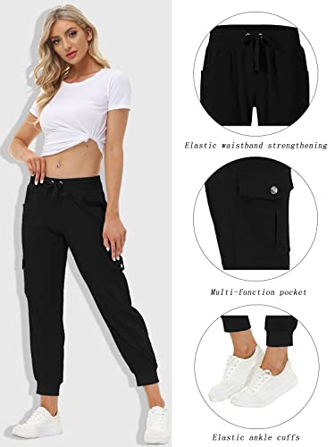 Lightweight Women's Hiking Cargo Pants - Quick Dry, Elastic Waist, Medium Black