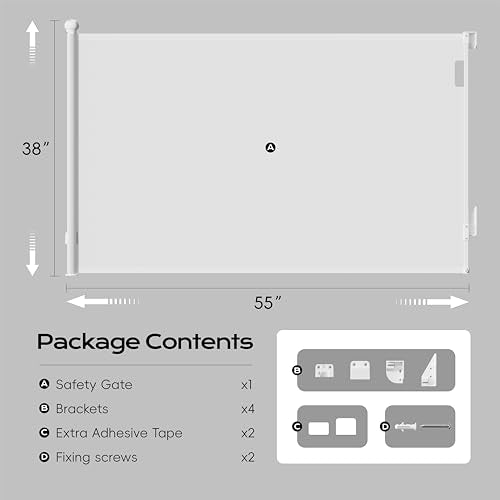 Retractable Baby Gate for Stairs, 55" Wide 38" High Pet Gate with Auto-Retract System, One-Hand Operation, Mesh Baby Gate for Doorways, Hallways, Decks, Indoor & Outdoor, White