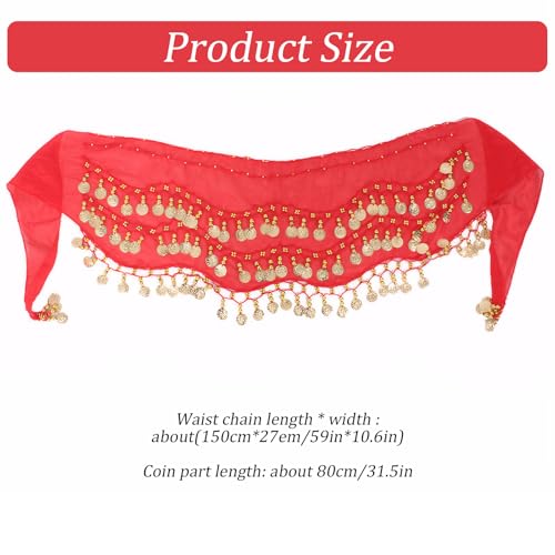 Red Belly Dance Hip Scarf with Gold Coins - 59 Inches