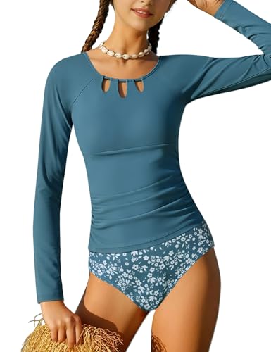 Girls Long Sleeve Rash Guard Set with Floral Bikini Bottoms - Navy Blue, 6-7 Years