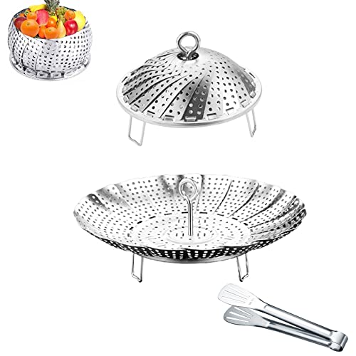 304 Stainless Steel Vegetable Steamer Basket Expandable for 6.4-10.2 Inch Pots with Tongs