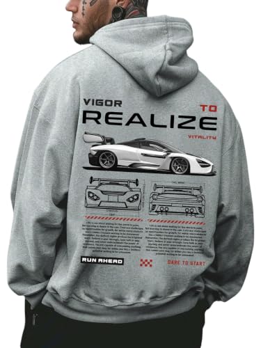 RoseSeek Men's Vintage Graphic Car Hoodies Medium Grey Long Sleeve Thermal Sweatshirt