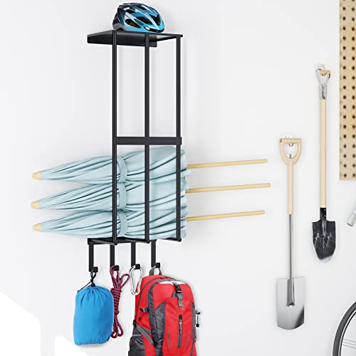 Camping Chair Wall Storage for Garage, Metal Camping Chair Storage Rack Wall Holder, Floating Shelf, 4 Hooks, Stainless Steel, Beach Chair Rack, Umbrella Holder, Garage Chair Organizer, Matte Black