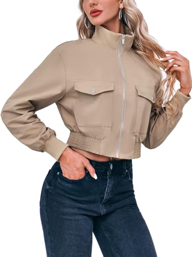 Fisoew Women's Cropped Khaki Bomber Jacket X-Small Lightweight Zip Up Coat