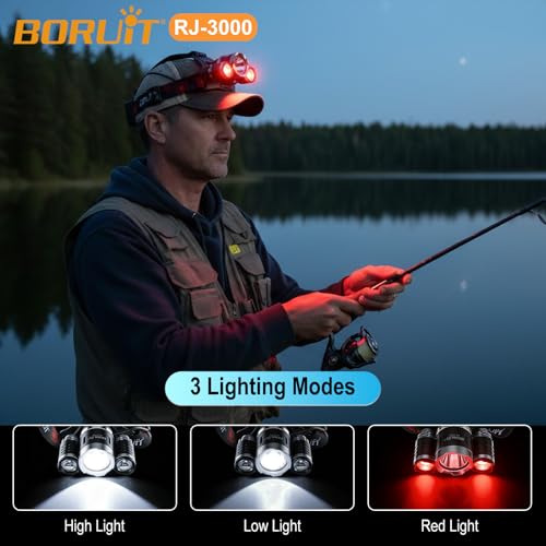 BORUIT Rechargeable Headlamp with Red Light, 90° Adjustable, 3 Modes