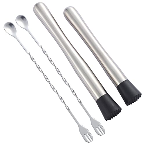 Stainless Steel Cocktail Muddler Set - 10 & 8 Inch with Mixing Spoons
