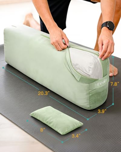 Yoga Bolster Pillow Set - Rectangular Velvet Cushion with Weighted Eye Pillow - Sage Green