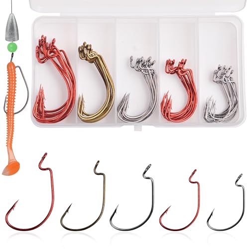 Bass Fishing Hooks Kit - 50pcs 2X Strong Offset EWG Worm Hooks