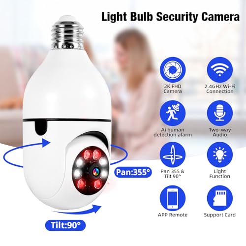 2K Light Bulb Camera Outdoor 2 Packs, 2.4GHz Wi-Fi Wireless Light Bulb Security Camera with 2 Way Talk, Color Night Vision, AI Human Detection, E27 Screw in Light Socke£¨2P£©