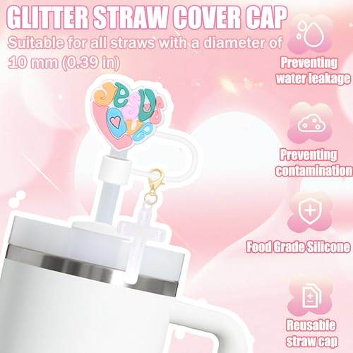 Pink Straw Toppers Set - Silicone Covers with Cross Charms for Stanley Tumblers