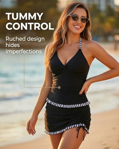 Women Tankini Swimsuit with Skirt - Black Striped, X-Large, Tummy Control Two-Piece Bathing Suit