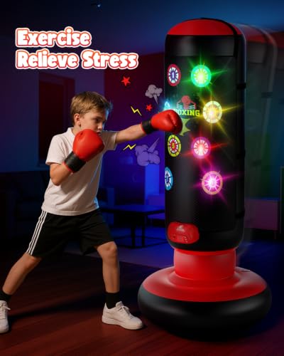 HopeRock Red Kids Boxing Punching Bag Set with Gloves, Light, Music, 4 Game Modes