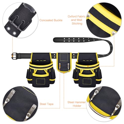 Tool Belt, Magnetic Tool Pouch with 26 Pockets for Men Heavy Duty Tool Pouch Bag, Detachable Tool Bags for Carpenter Electrician Construction (26 Pockets with Magnet Pouch)