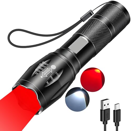 MVIOCS Red Rechargeable LED Flashlight with Zoom - 2000 Lumens, Water Resistant, Portable for Camping Hiking Emergency