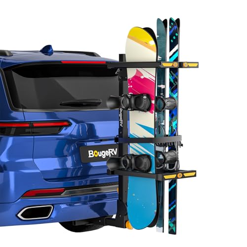 Lockable Folding Ski & Snowboard Rack for 2" Receiver - Holds 6 Skis or 4 Boards