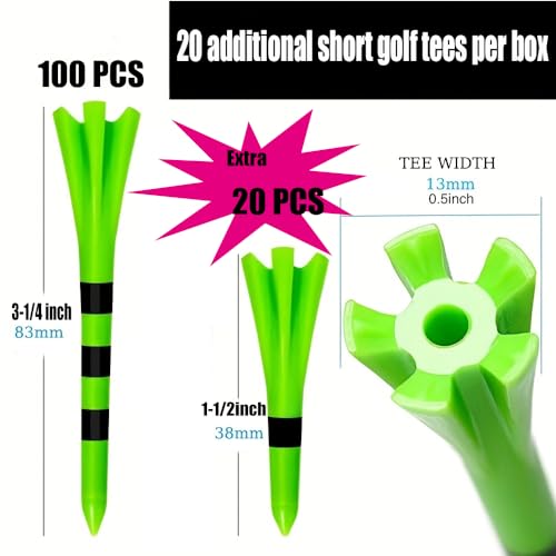 SWINGTEK 120 Golf Tees Set - 3-1/4" Long & Short Unbreakable Plastic Tees in Mixed Colors
