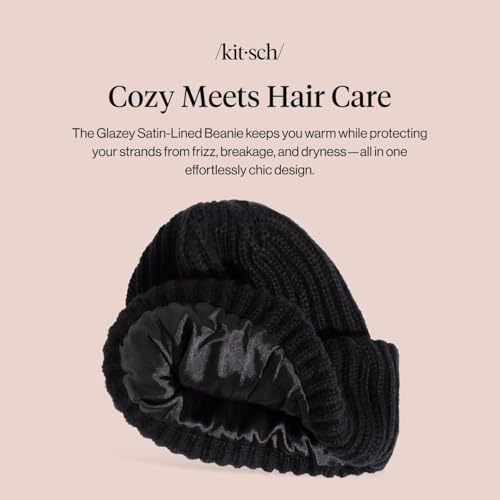 Kitsch Glazey Satin Lined Beanie Black – Cozy Winter Hat for All Hair Types