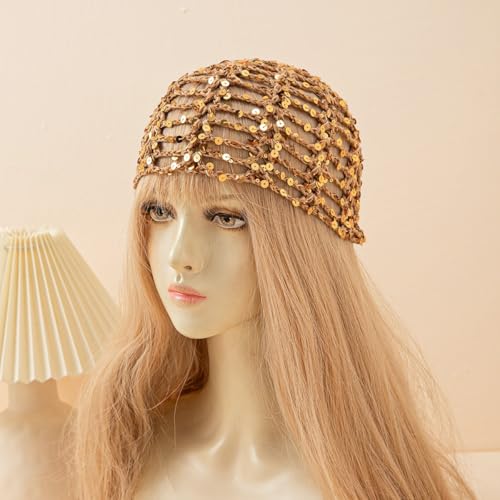 Women’s Sequin Crochet Beanie Hat - A-Khaki, Boho Style