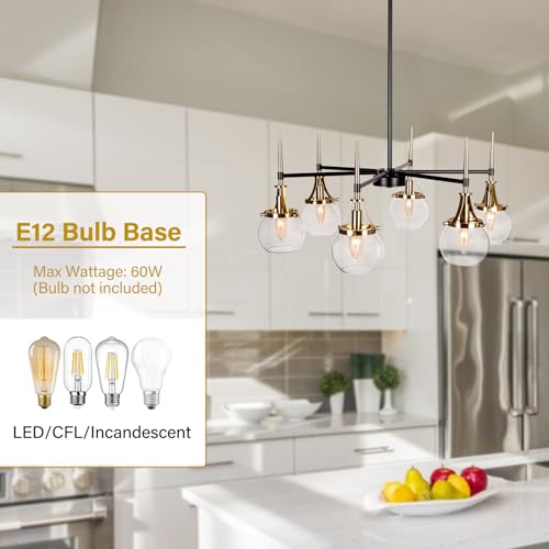 Obihivlo 6-Light Black Gold Bubble Chandelier Brass Antique Glass Globes, Mid Century Modern Pendant Lighting Fixture for Dining Room, Kitchen, Living Room, Bedroom, D27.6 x H71.5 Adjustable Height