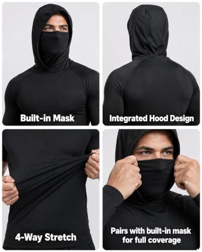 Men's UPF 50+ Sun Protection Hooded Shirt with Built-in Face Mask - Medium, Black/Blue/Gray, 3 Pack
