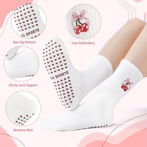Pilates Socks with Grips for Women - Cute Ruffled - White Embroidery