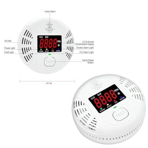 Carbon Monoxide and Smoke Detector Equipped with LCD Display, Battery Powered, Dual Sensor Alarm, 85dB Voice Alarm and Real-time CO Tracking, Suitable for Home/Kitchen/Bedroom/RV 4Pack