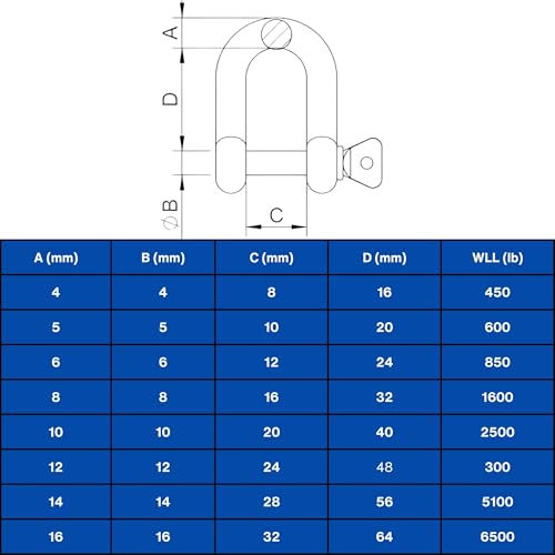 316 Stainless Steel D-Shackle – Heavy-Duty Marine Shackle 6mm (2-Pack)
