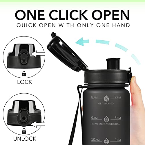 Black 32oz Motivational Water Bottle with Time Marker & Strap - BPA-Free Leak-Proof