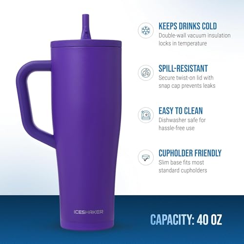 Ice Shaker 40 oz Purple Insulated Tumbler with Handle & Straw | Cold 30+ Hours