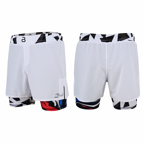 2BOLD MMA Shorts Men’s 2 in 1 Jiu-Jitsu Built-in Compression Lining Small White