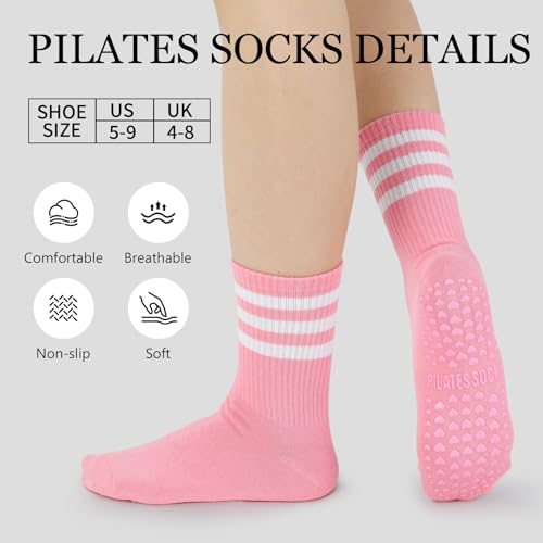 Pilates Socks with Grips for Women - Heart Striped, 5 Pack