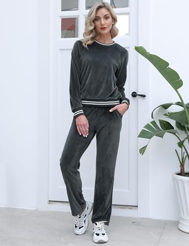 Totatuit Women's Velour Sweatsuit Set Dark Gray Small - 2 Piece Sport Tracksuit with Pockets