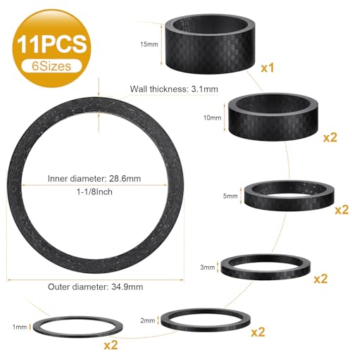 11PCS Carbon Fiber Headset Spacers for 1-1/8 Inch Stems - Matte Finish