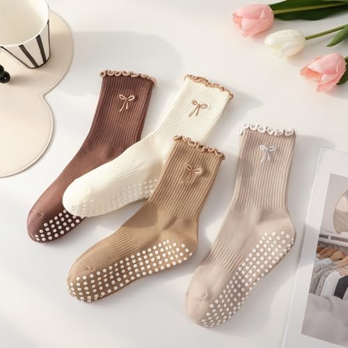 Cute Bow-Tie Ruffled Pilates Socks with Grips - Brown Color Scheme
