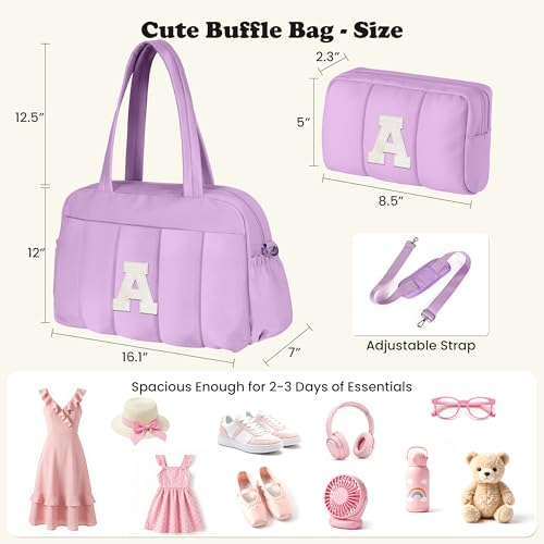Vogewood Purple Girl Initial Gym Duffle Bag with Cosmetic Pouch - Carry-On Travel Bag for Kids