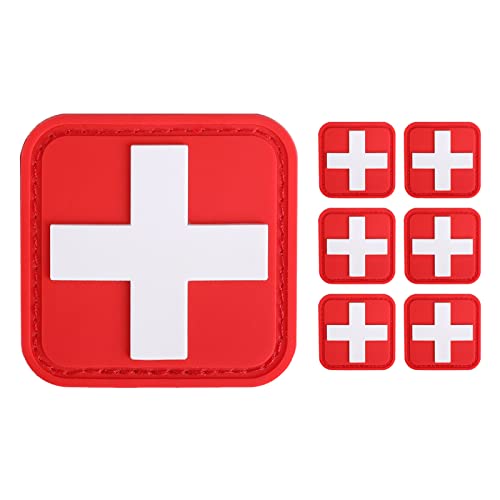 Medic Red Cross Patch - 1.5 Inch PVC Rubber, 6 Pieces - White & Red